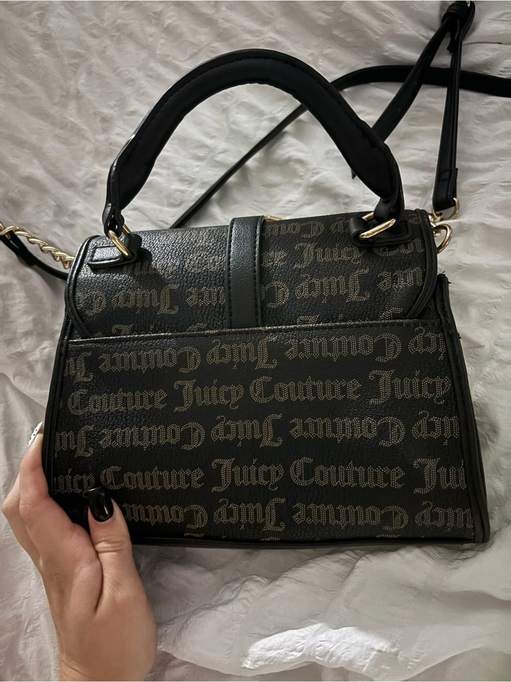Juicy Couture Black Logo Heart Lock Satchel with Gold Hardware